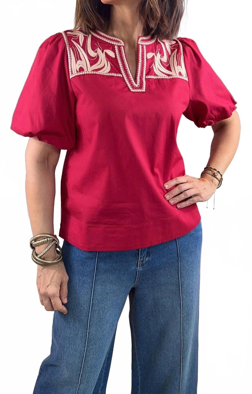NEW JODIFL short puff embroidered sleeves solid woven top in wine